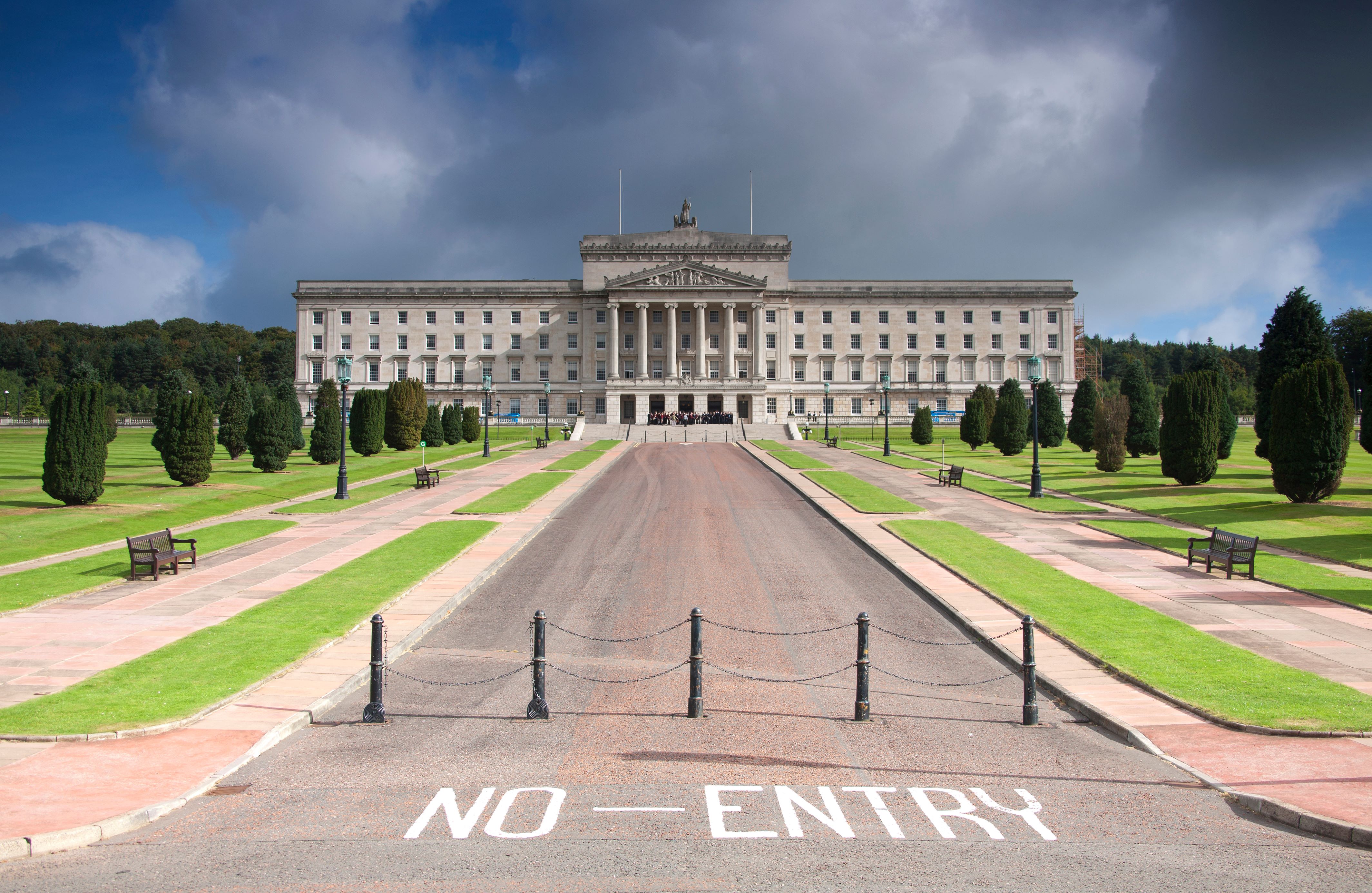 Northern Ireland Stormont with 'closed' painted on ground in front of entrance