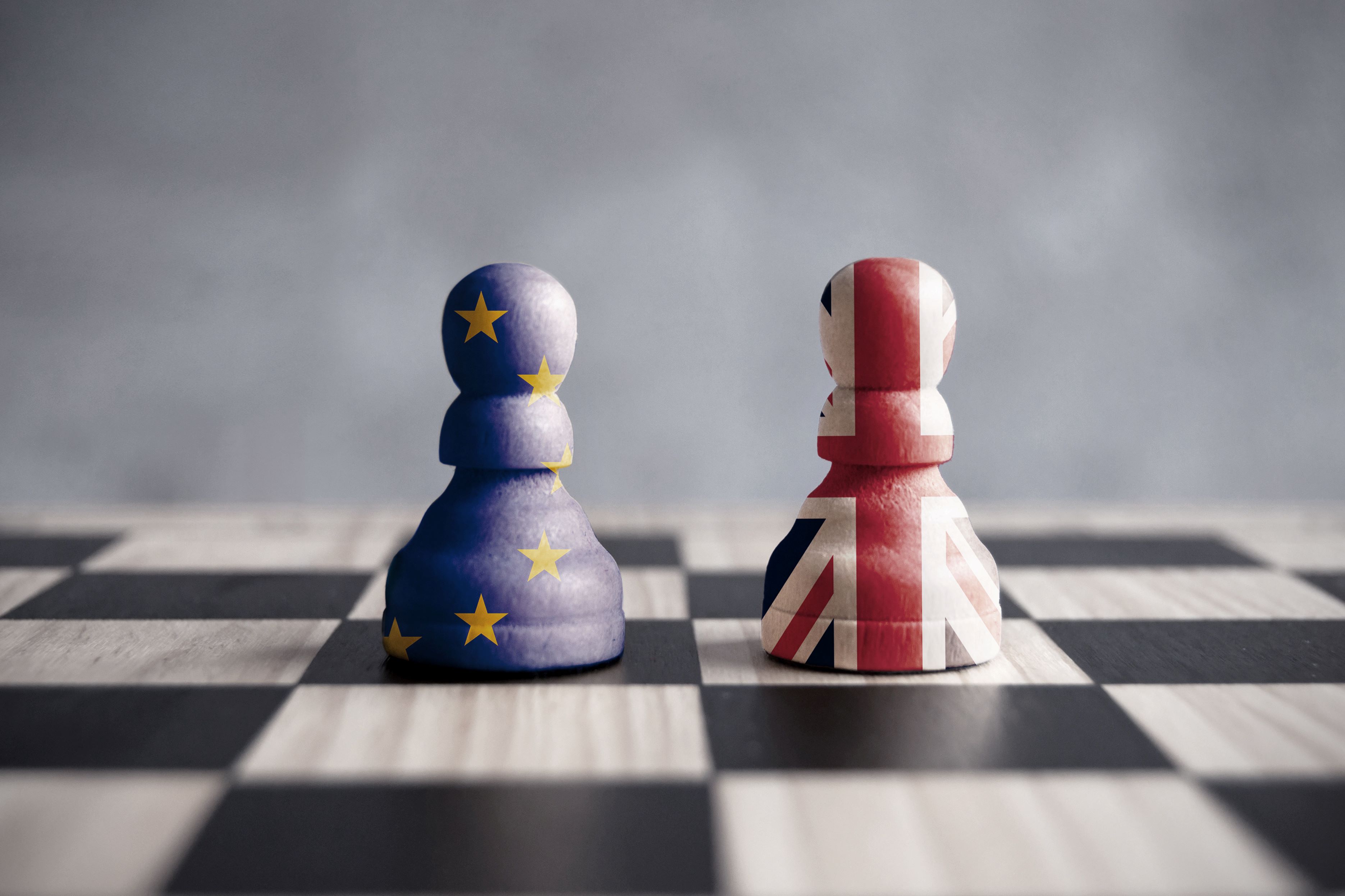 Chess pieces facing each other on board, with UK and EU flags