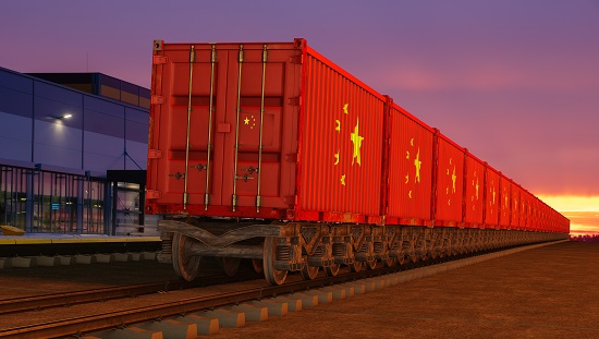 Freight train with Chinese flag on sides