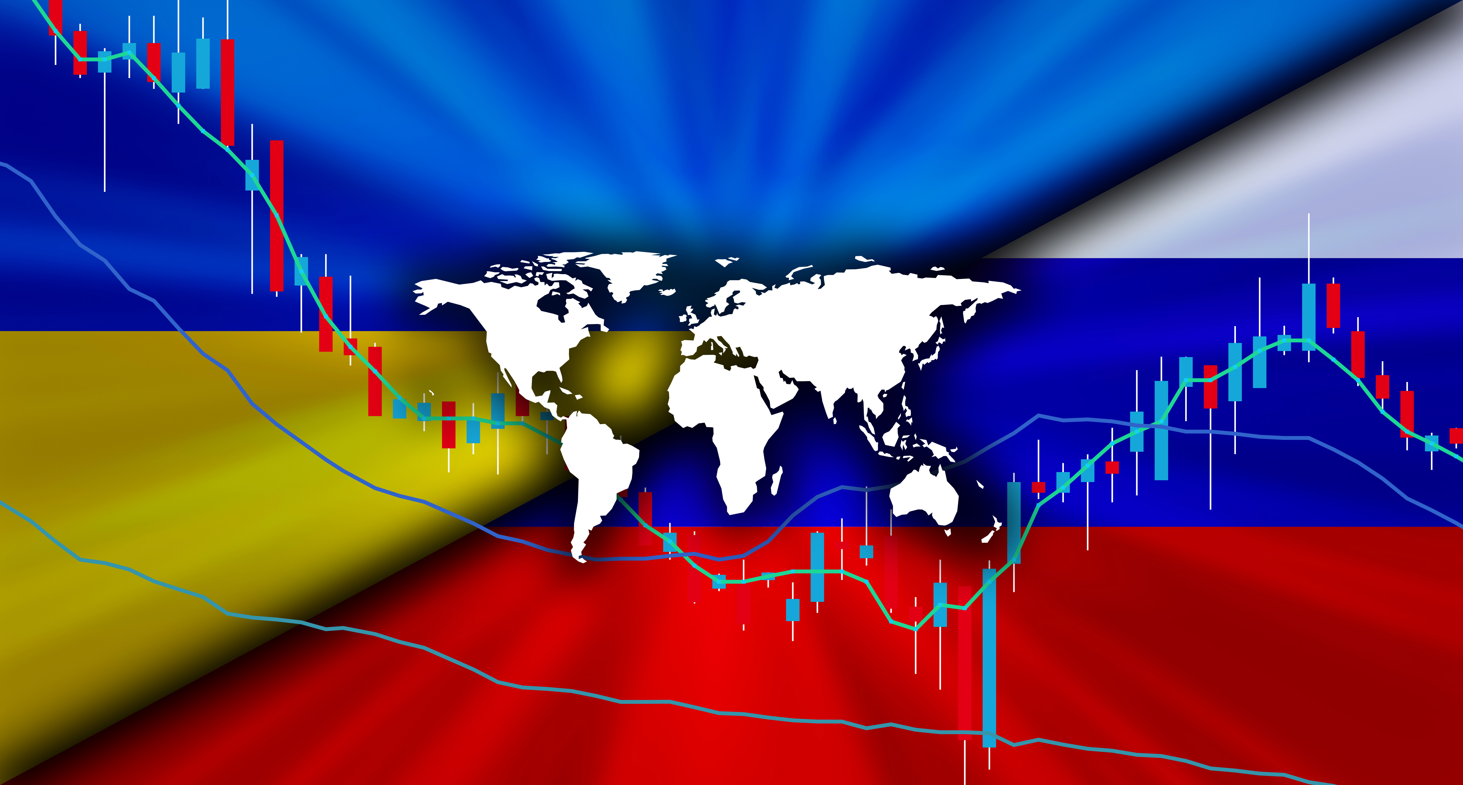 Russia/Ukraine flags over trade graphic
